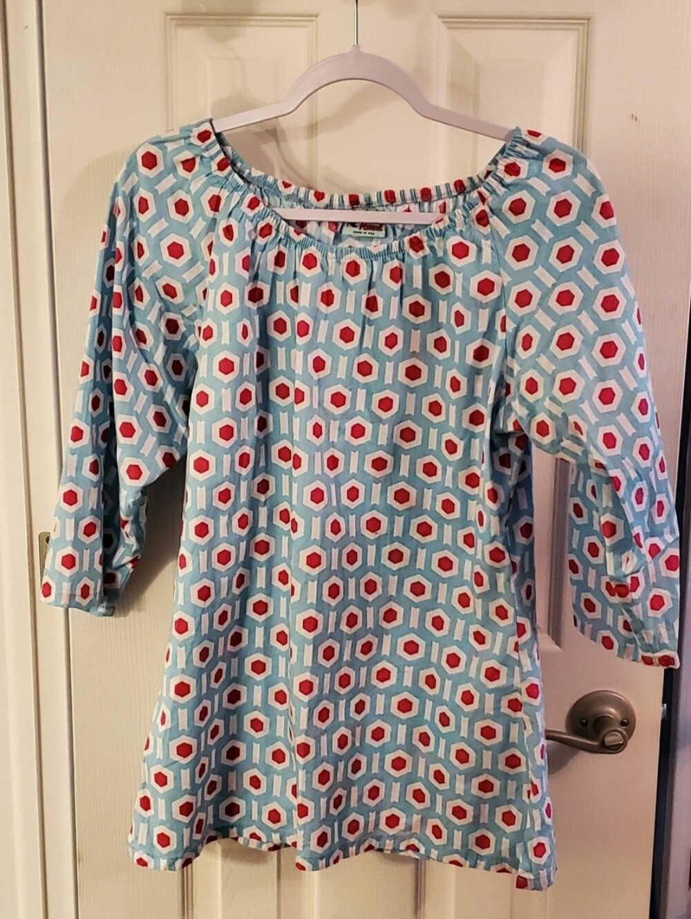 Haley & The Hound Aqua Geometric Print Top with White & Pink Accents
